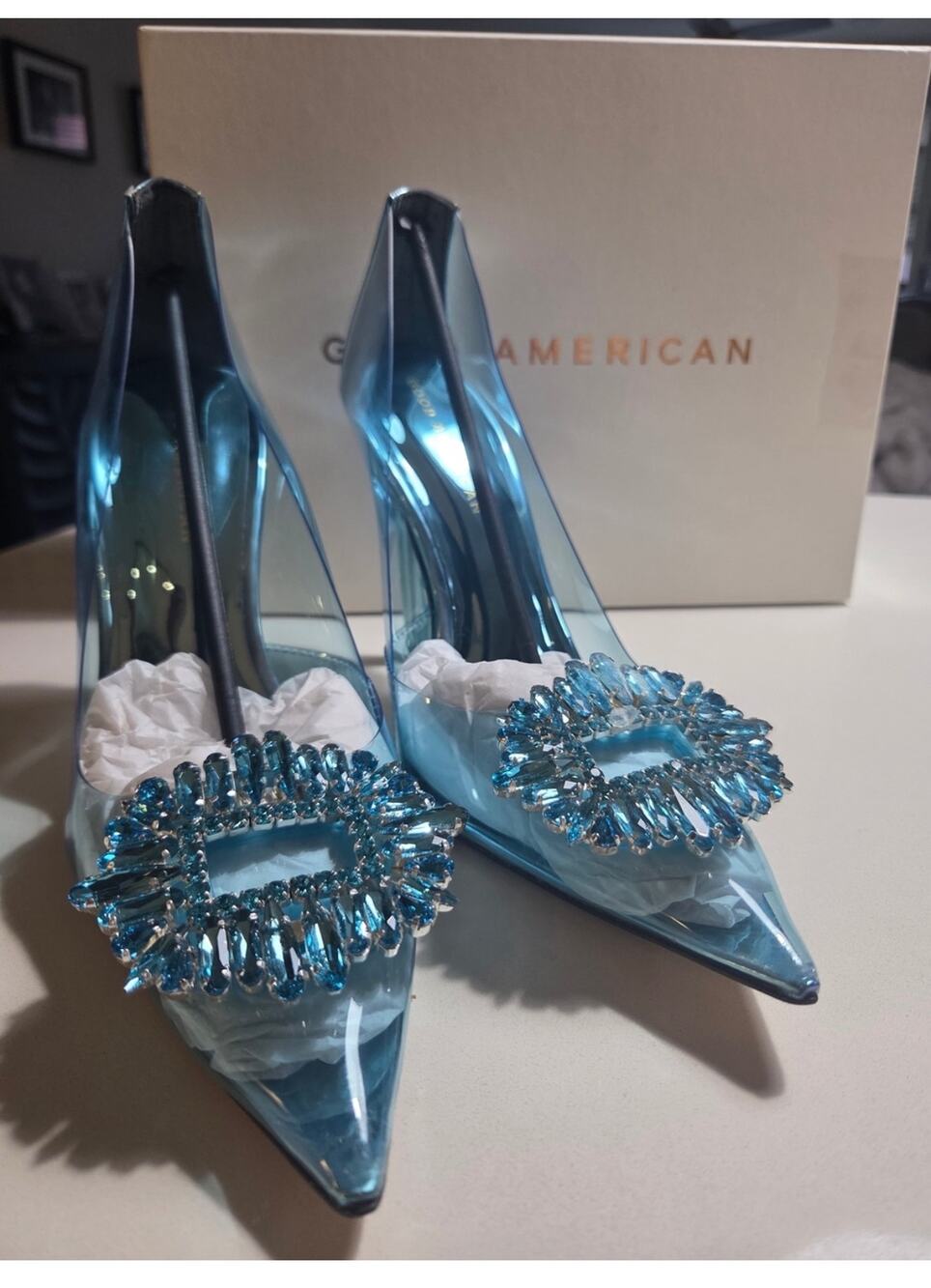 Good American Cinder-F#€*ing-Ella Blue/Clear PVC Plastic Stiletto Pumps 10.5